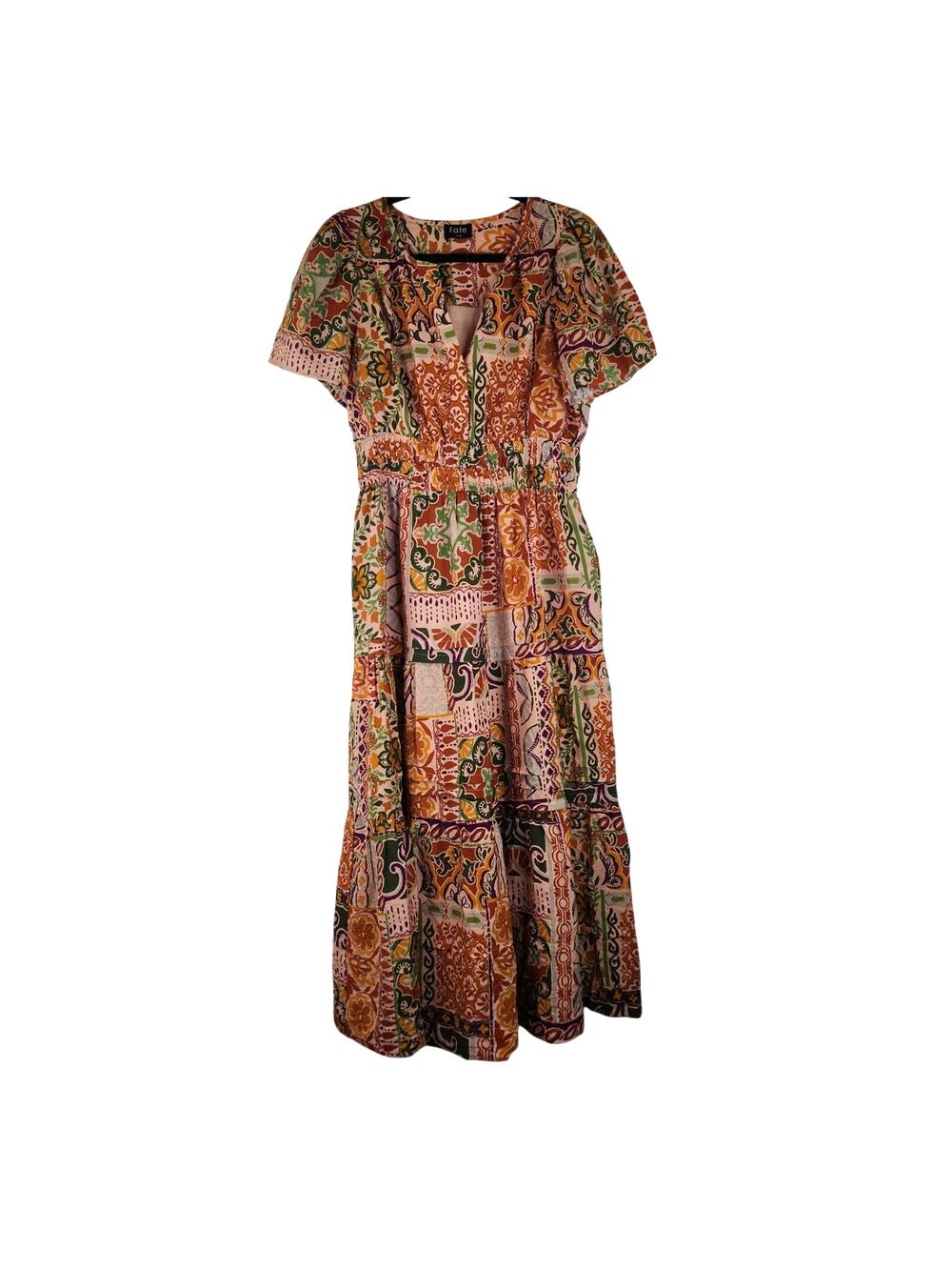 Fate Orange Brown Bohemian Midi Dress Women's Large Lined Mediterranean